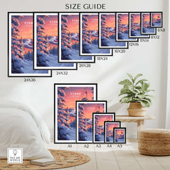 Size guide for Stowe Gondola poster featuring various frame sizes displayed in a cozy interior setting.