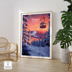 Stowe Gondola poster featuring vibrant winter scenery, perfect for winter sports decor and Vermont ski art.