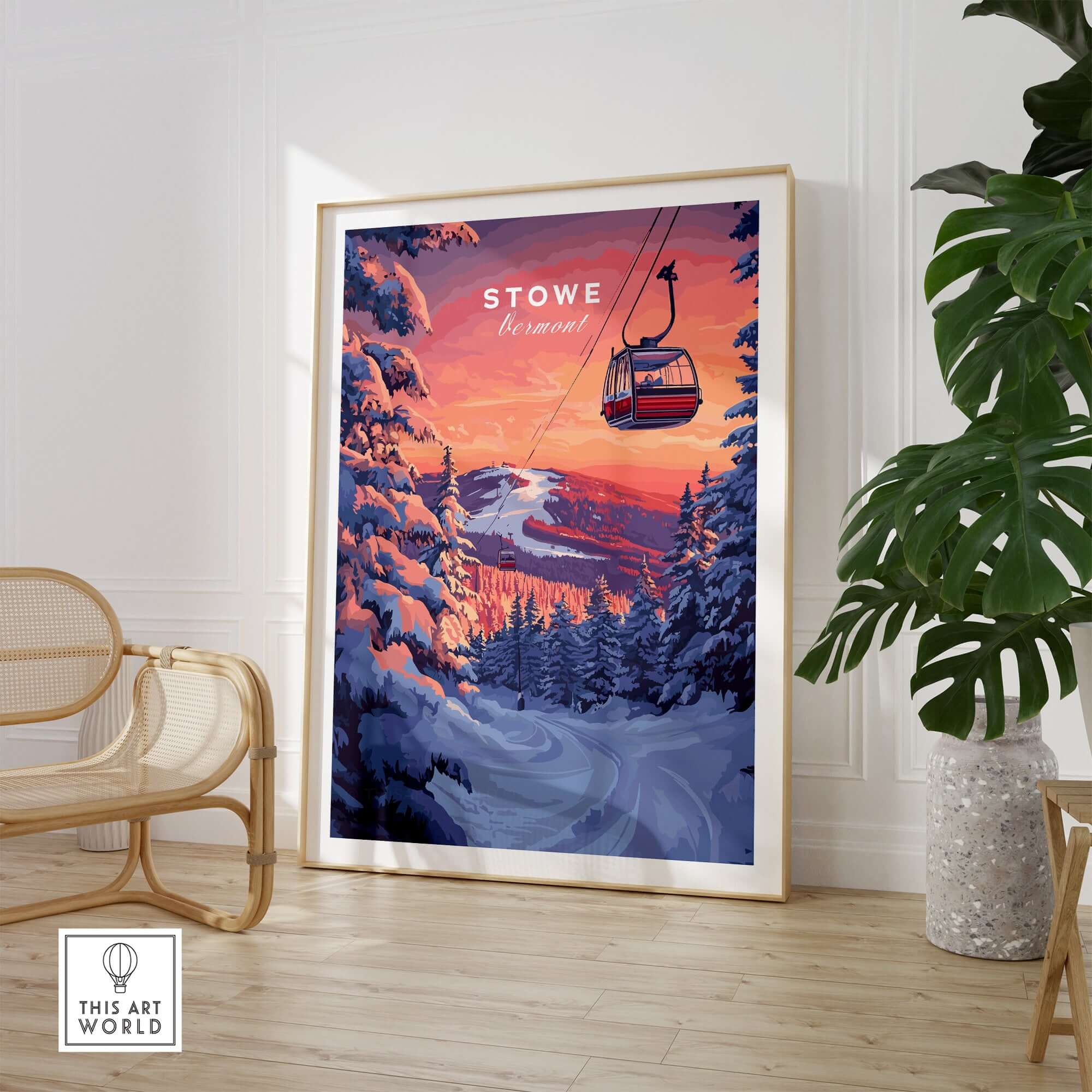 Stowe Gondola poster featuring vibrant winter scenery, perfect for winter sports decor and Vermont ski art.