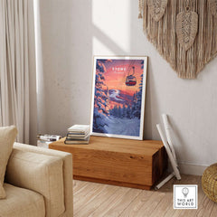 Stowe gondola poster showcasing winter sports decor in a cozy living room setting.
