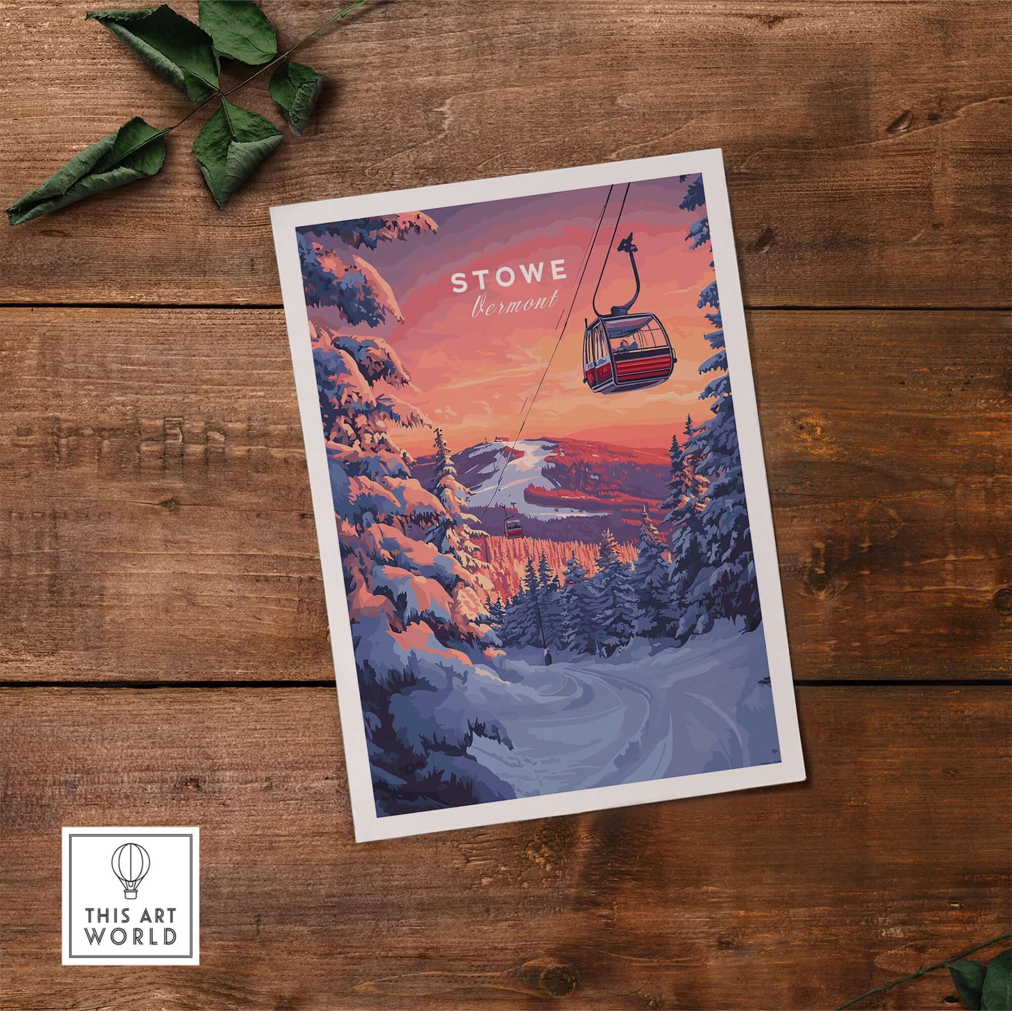 Stowe Gondola poster featuring scenic Vermont ski landscape, perfect for winter sports decor.