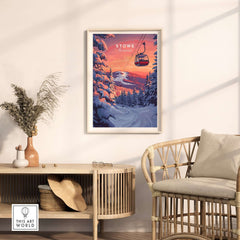 Stowe gondola poster featuring a winter scene with snow-covered trees and a sunset, perfect winter sports decor.