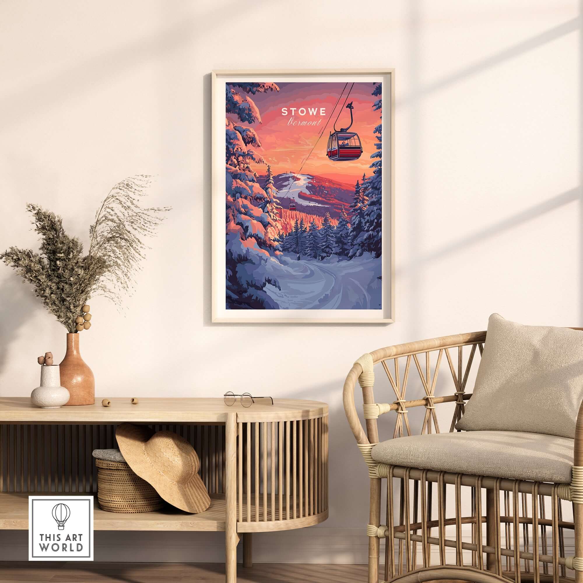 Stowe gondola poster featuring a winter scene with snow-covered trees and a sunset, perfect winter sports decor.