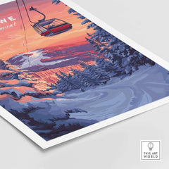 Vermont ski art poster featuring Stowe gondola with winter landscape scenery, ideal for winter sports decor.