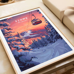 Stowe Gondola Poster featuring a scenic winter landscape of Vermont's ski slopes and a gondola at sunset.