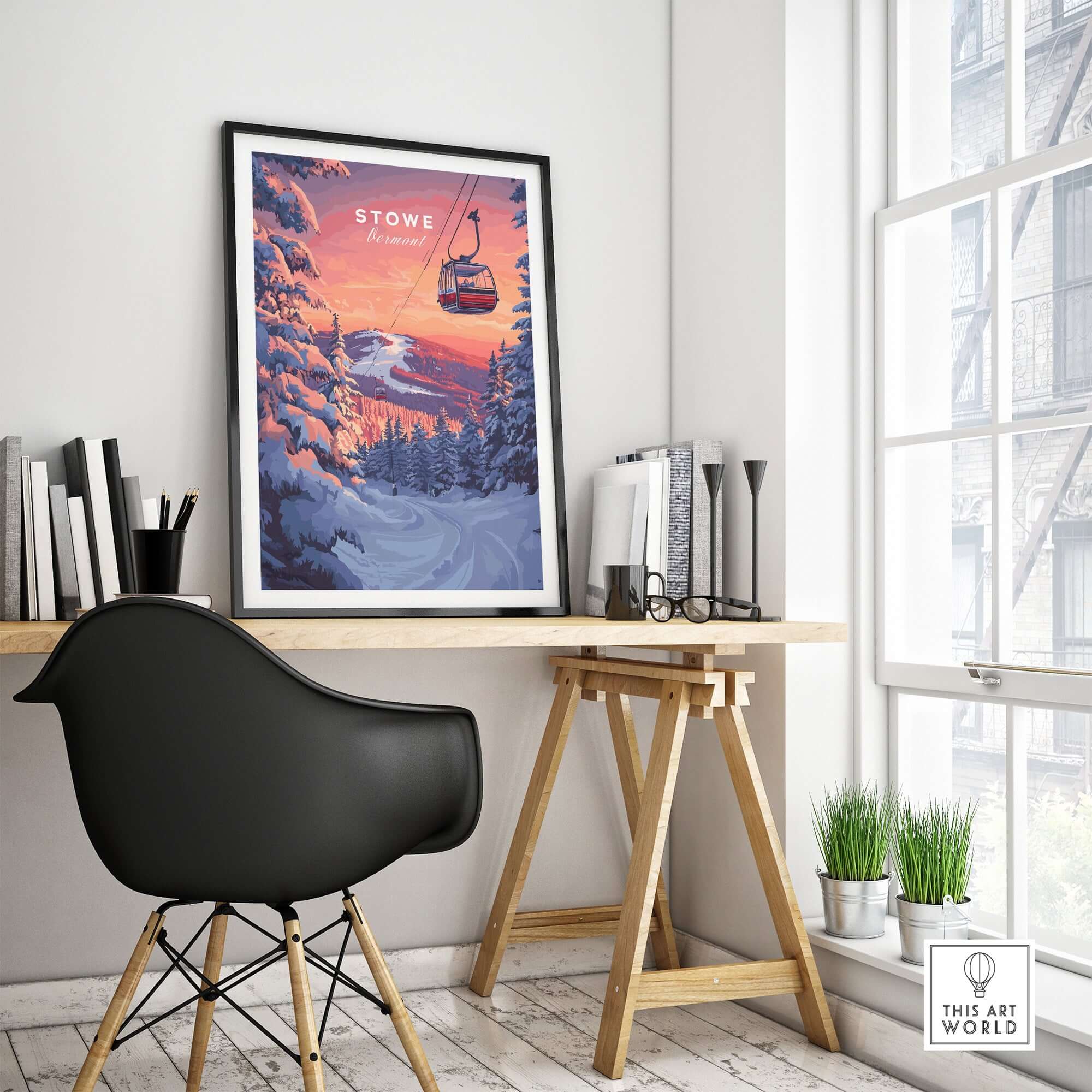 Stowe Gondola poster displayed in a stylish indoor workspace, perfect for winter sports decor.