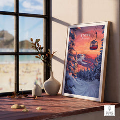 Stowe Gondola poster showcasing Vermont ski art, winter sports decor displayed by a sunny window.