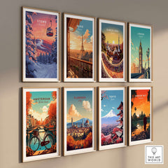 Wall display of travel posters including Stowe gondola, Paris, Barcelona, London, Amsterdam, Florence, Tokyo, and Angkor Wat.