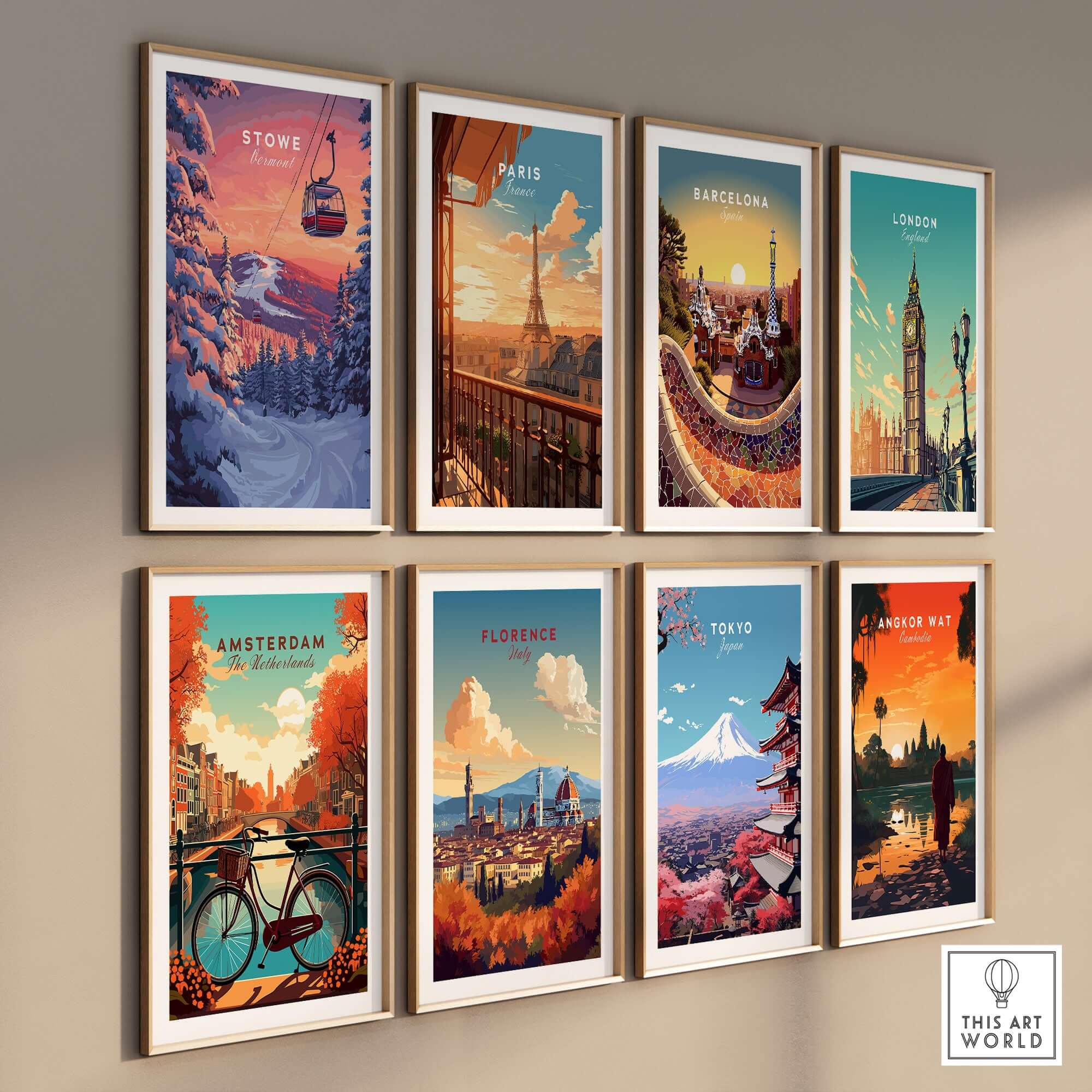 Wall display of travel posters including Stowe gondola, Paris, Barcelona, London, Amsterdam, Florence, Tokyo, and Angkor Wat.