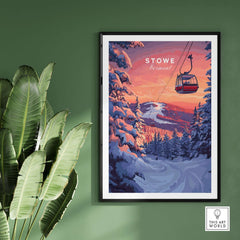 Stowe Gondola poster showcasing winter ski landscape, perfect for winter sports decor in Vermont.