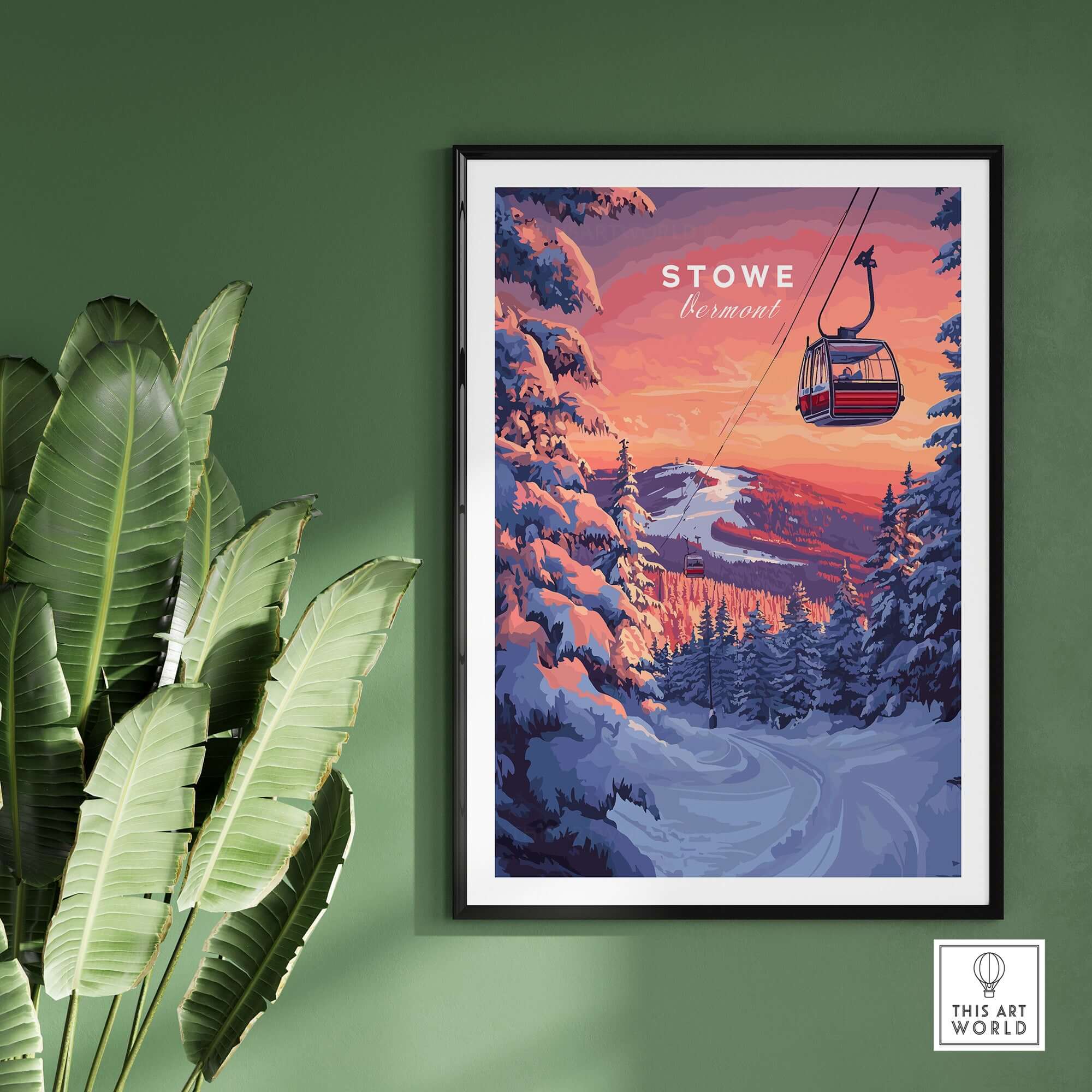 Stowe Gondola poster showcasing winter ski landscape, perfect for winter sports decor in Vermont.