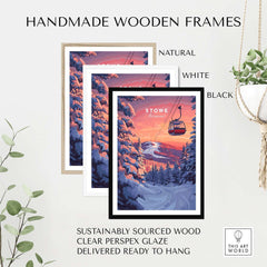 Handmade wooden frames in natural, white, and black, for Vermont ski art posters, made from sustainably sourced wood.