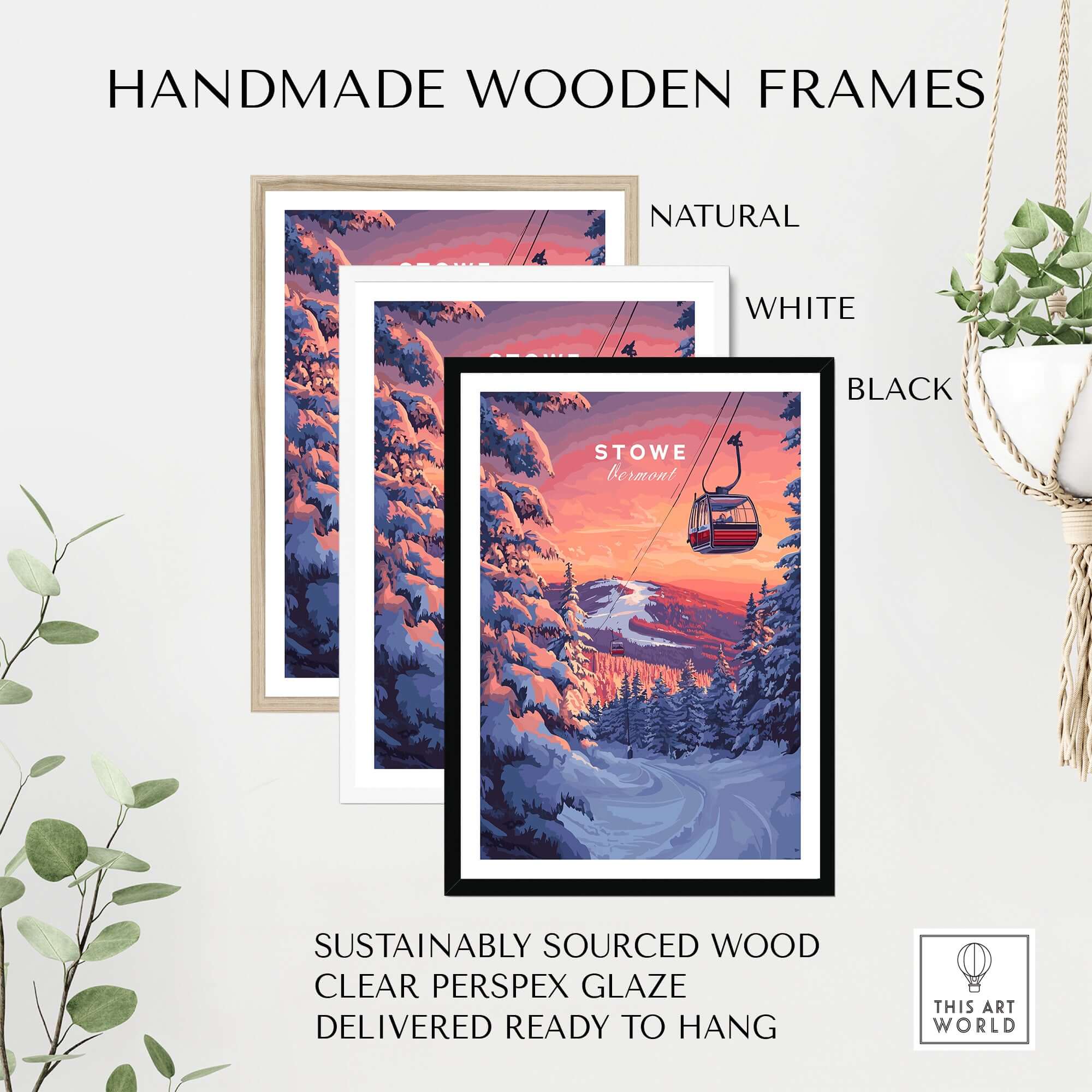 Handmade wooden frames in natural, white, and black, for Vermont ski art posters, made from sustainably sourced wood.