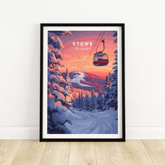Stowe Gondola Poster featuring winter scenery and vibrant sunset, perfect for ski art and winter sports decor.