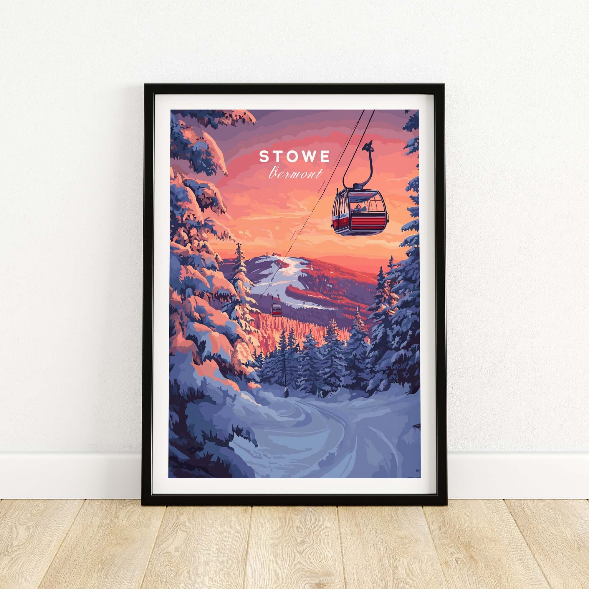 Stowe Gondola Poster featuring winter scenery and vibrant sunset, perfect for ski art and winter sports decor.