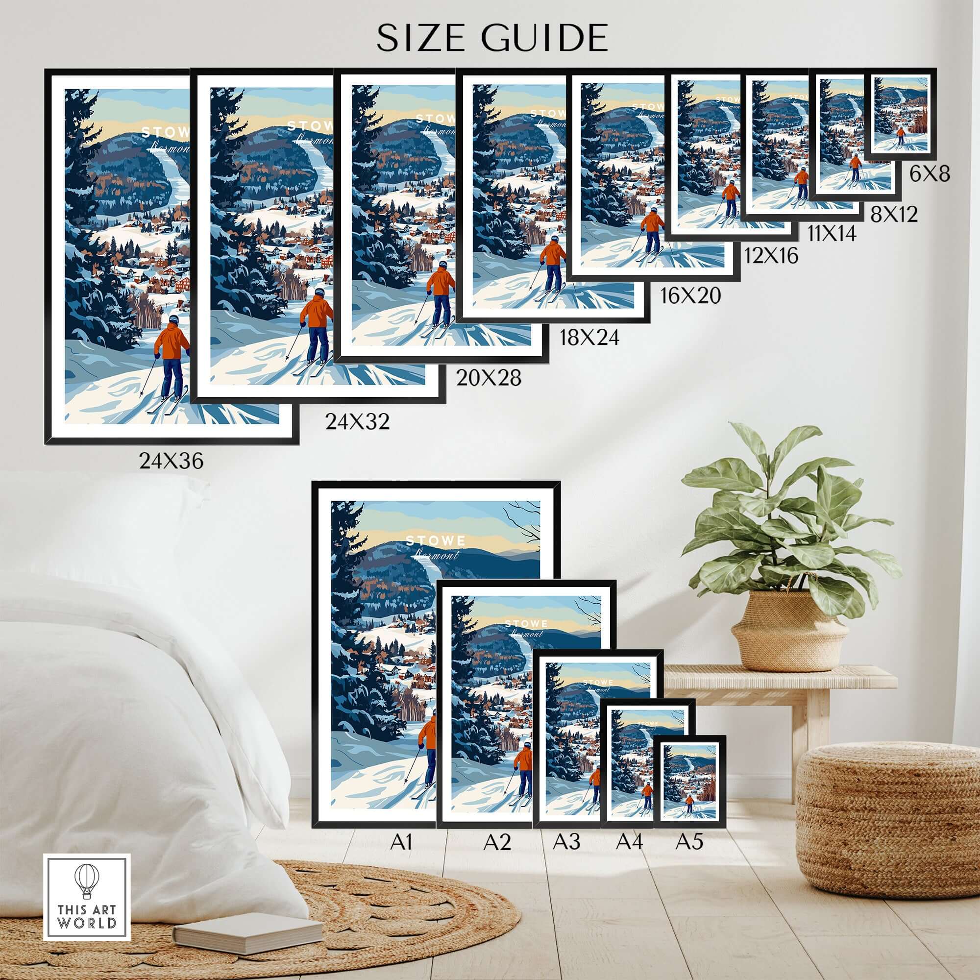 Size guide for Vermont Ski Destination Poster featuring Stowe Mountain landscape art in various frame sizes.