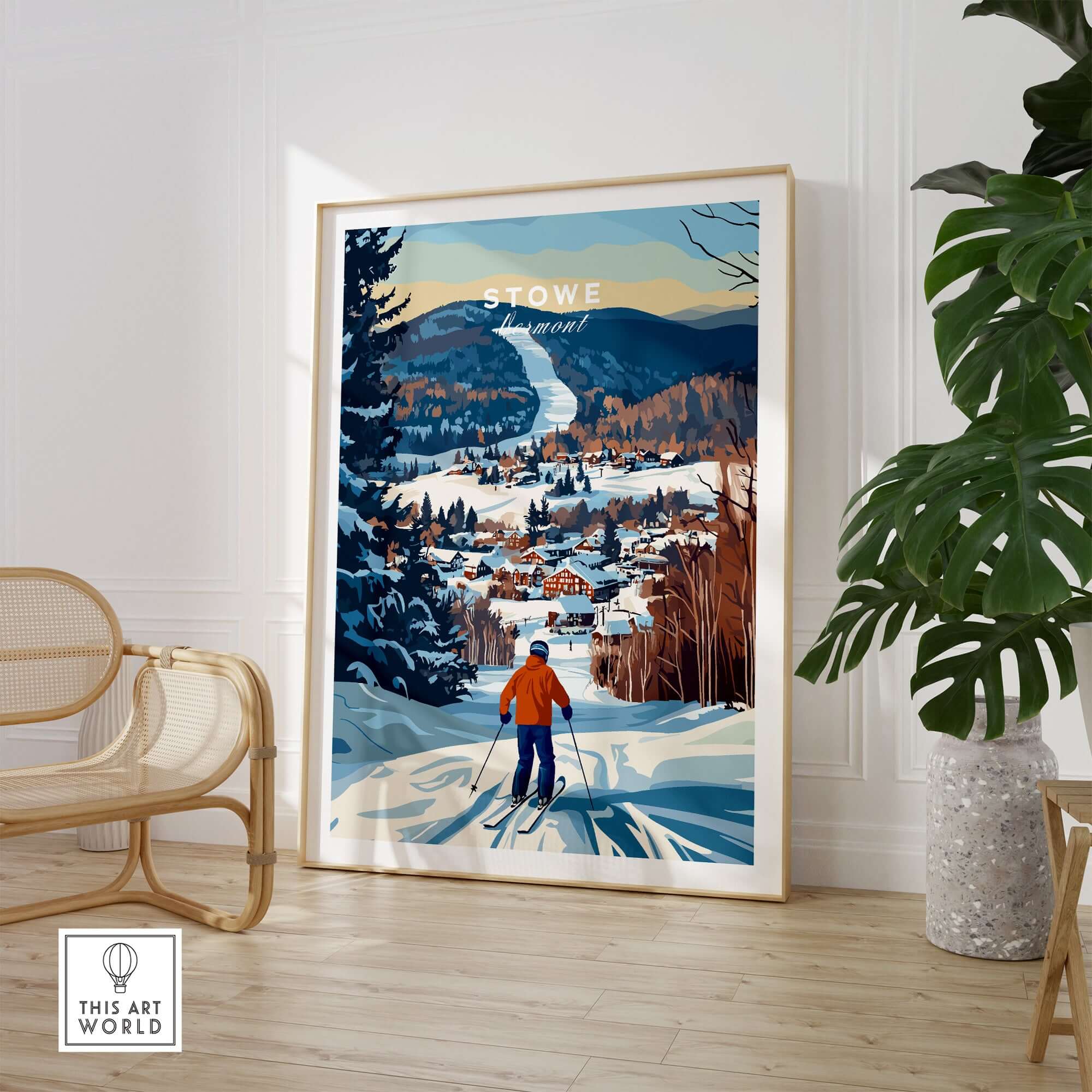 Stowe Mountain landscape poster showcasing a skier gliding down snowy slopes with Vermont village in the background.