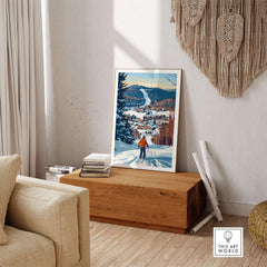 Vermont ski destination poster featuring Stowe Mountain landscape, perfect for home decor.