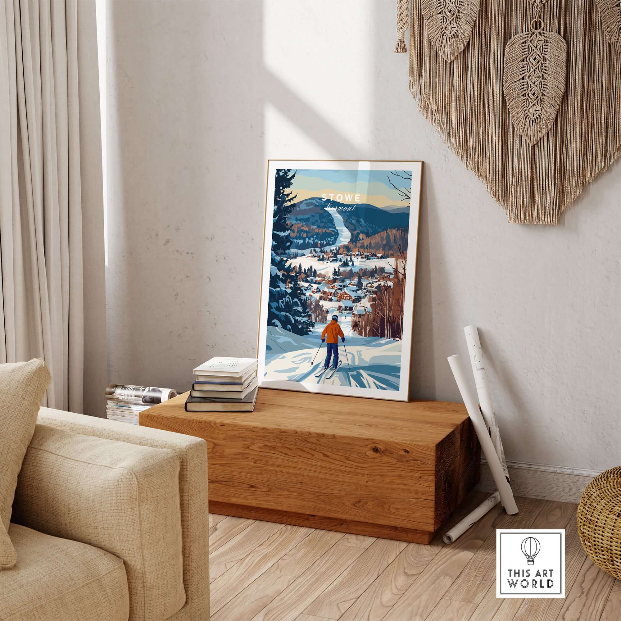 Vermont ski destination poster featuring Stowe Mountain landscape, perfect for home decor.