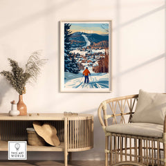 Vermont ski destination poster featuring Stowe Mountain landscape art in cozy home setting.