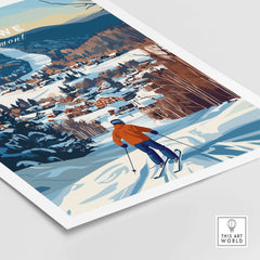 Stowe Mountain landscape art print featuring skier gliding down snowy slopes with village view in Vermont.