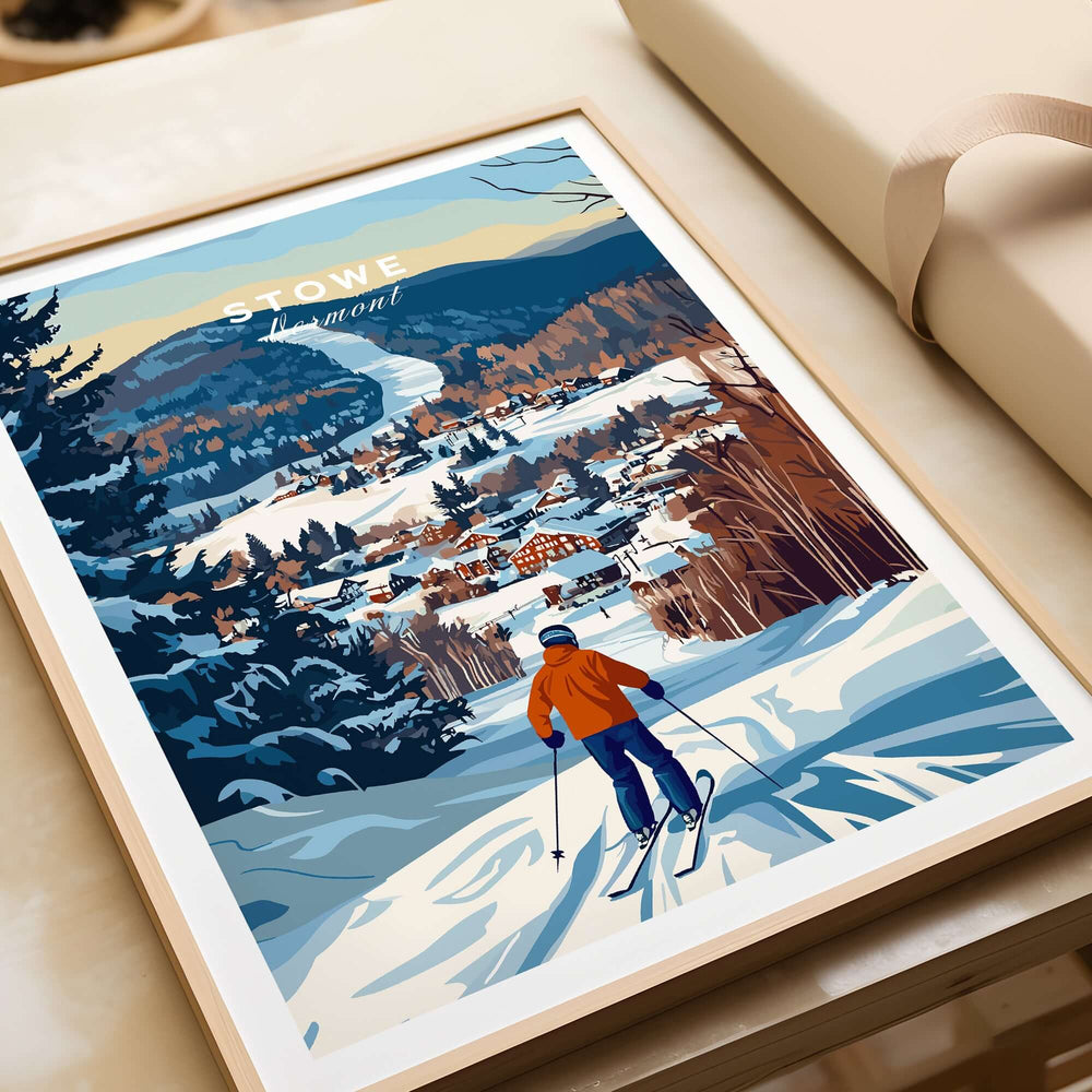 Vermont ski destination poster featuring skier on Stowe Mountain with village view, perfect for winter sports enthusiasts.
