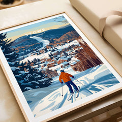 Vermont ski destination poster featuring skier on Stowe Mountain with village view, perfect for winter sports enthusiasts.