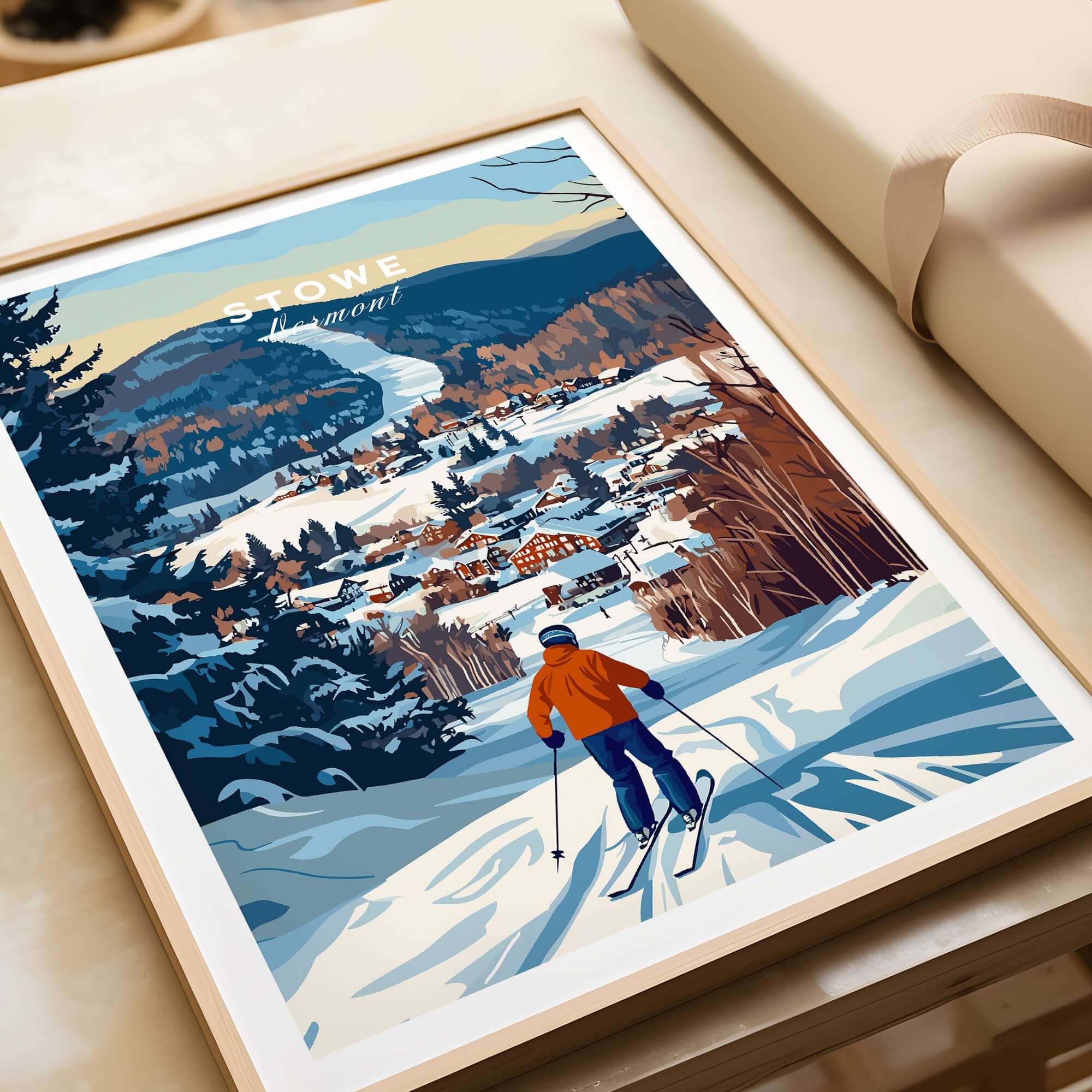 Vermont ski destination poster featuring skier on Stowe Mountain with village view, perfect for winter sports enthusiasts.