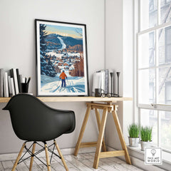 Vermont ski destination poster featuring Stowe Mountain landscape in a cozy home setting.