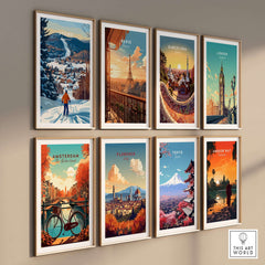 Collection of framed travel posters featuring Stowe, Paris, Barcelona, London, Amsterdam, Florence, Tokyo, and Angkor Wat.