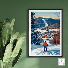 Stowe Mountain landscape art print showcasing a skier on slopes with a village view, perfect for skiing enthusiasts.