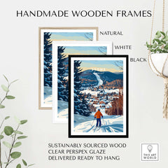 Vermont ski poster in handmade wooden frames, showcasing Stowe Mountain landscape art for home decor.
