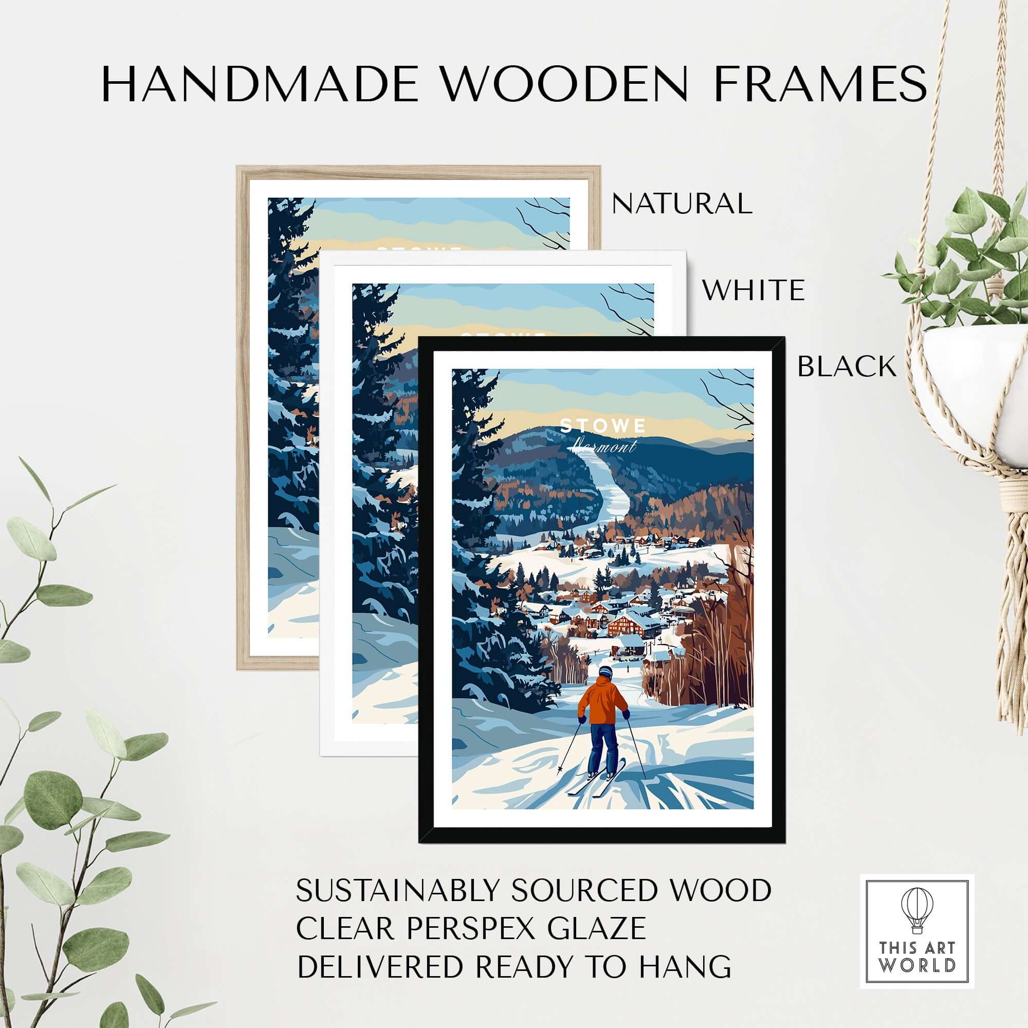 Vermont ski poster in handmade wooden frames, showcasing Stowe Mountain landscape art for home decor.