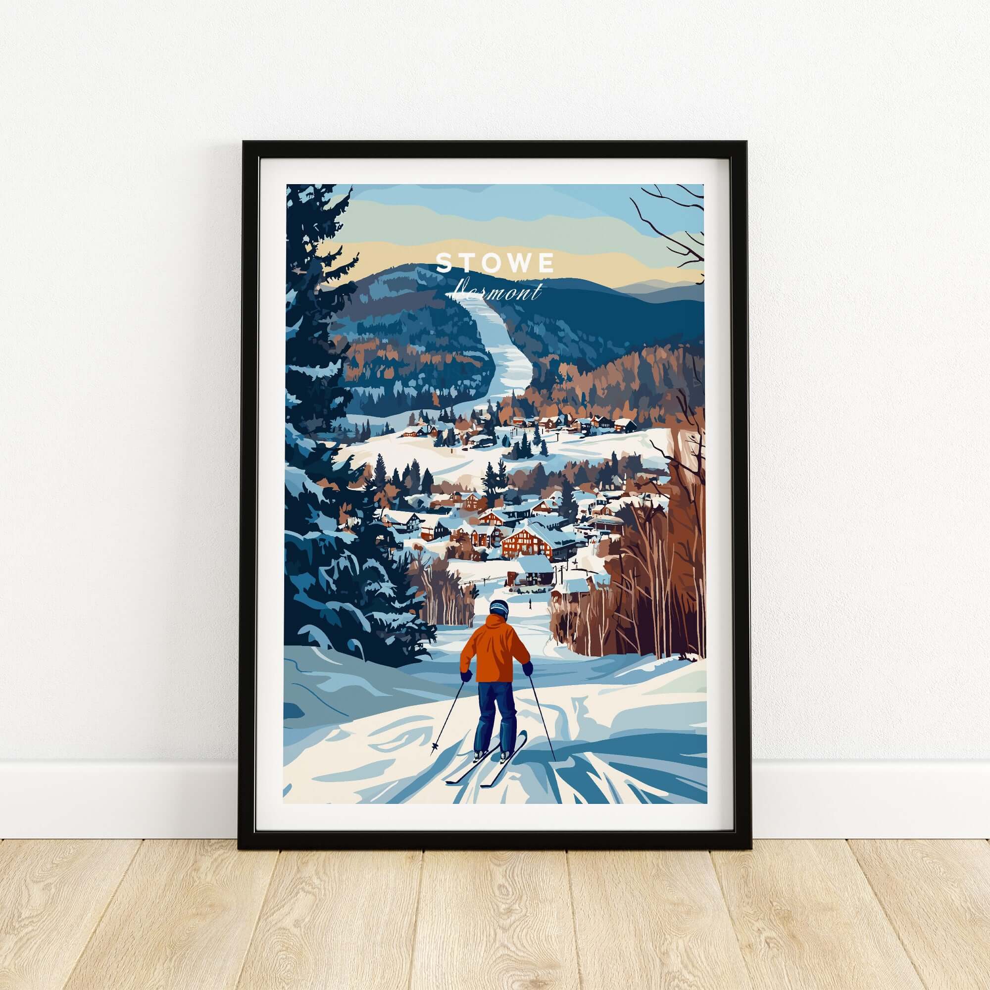 Stowe Mountain landscape art print showcasing a skier in a snowy Vermont village.