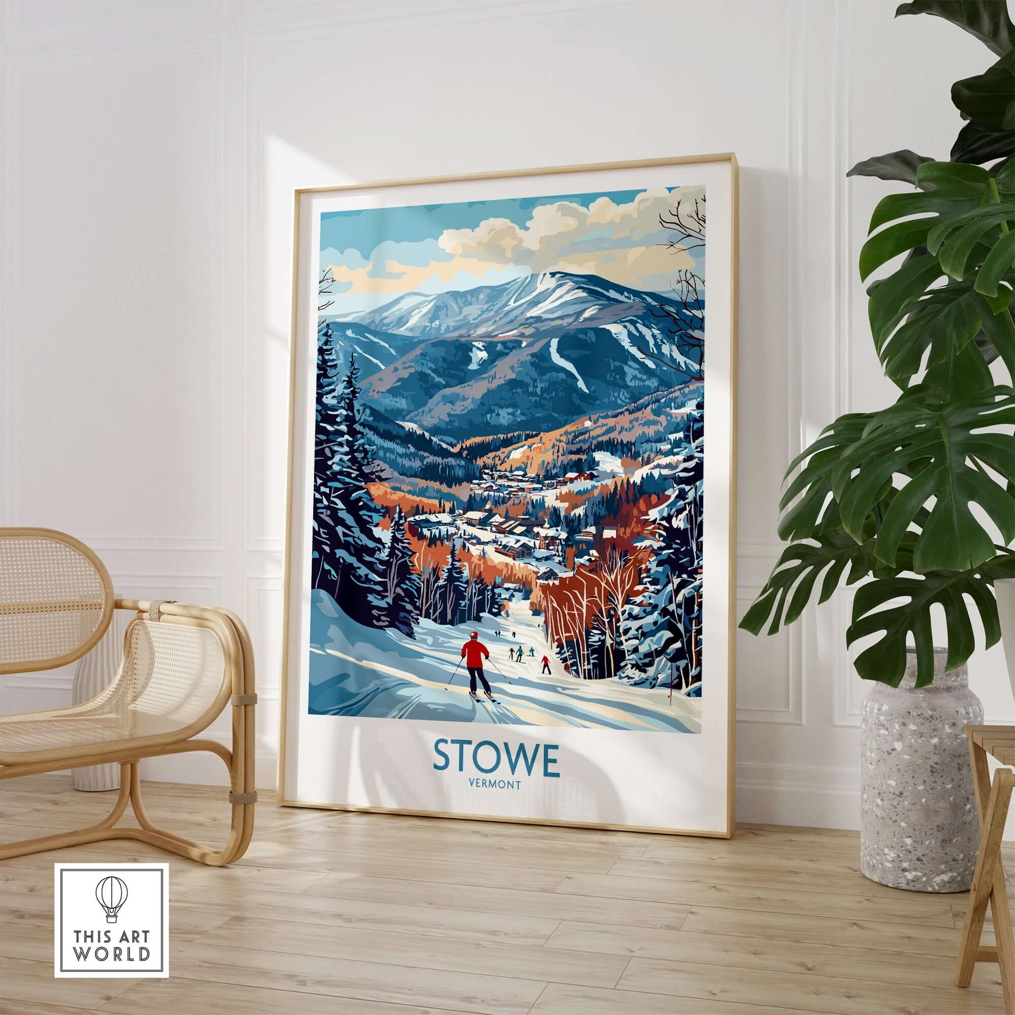 Stowe Ski Run Art print showcasing mountain scenery and skiers, winter sports decor for cozy living spaces.