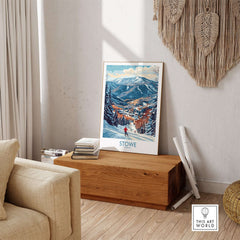 Stowe ski run art print showcasing a snowy mountain landscape, perfect winter wall decor for ski enthusiasts.