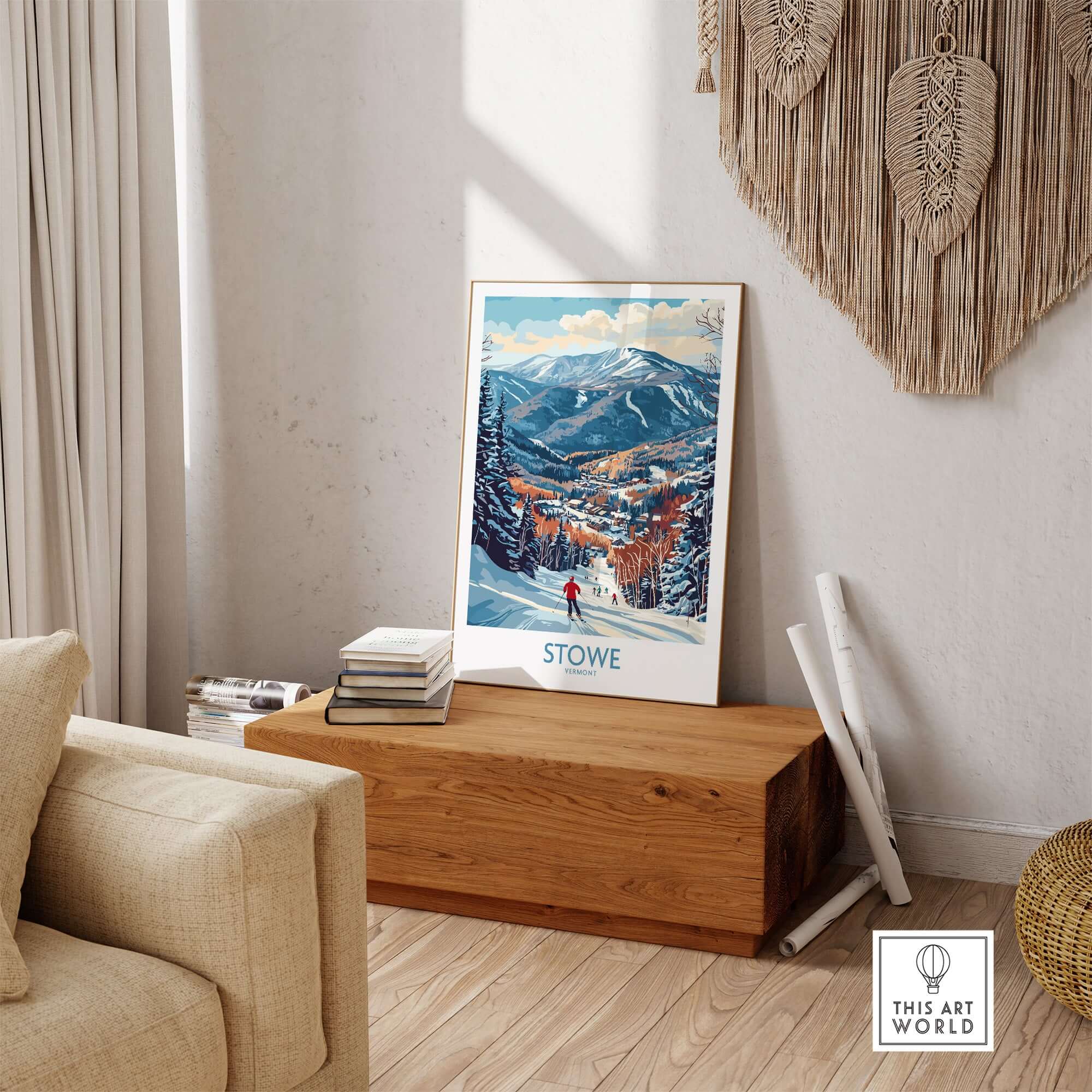 Stowe ski run art print showcasing a snowy mountain landscape, perfect winter wall decor for ski enthusiasts.