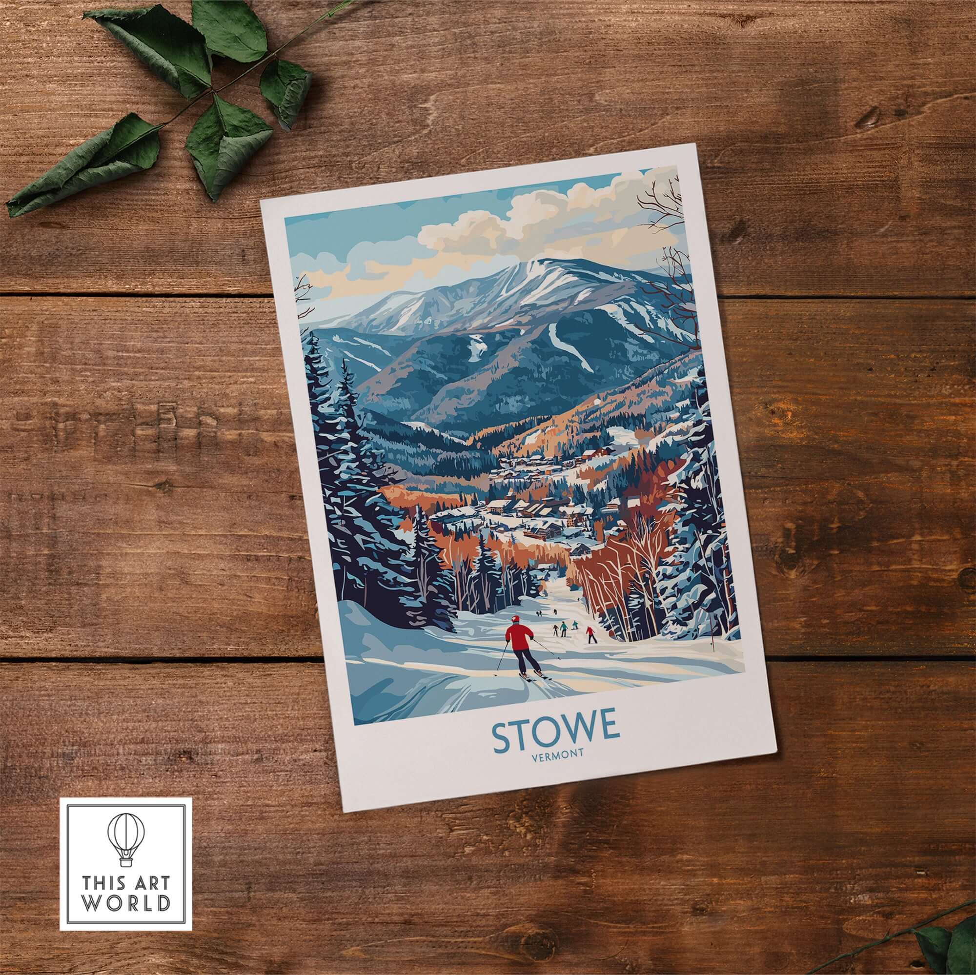 Stowe Ski Run Art print showcasing skiers on a scenic winter slope in Vermont, perfect for winter sports decor.