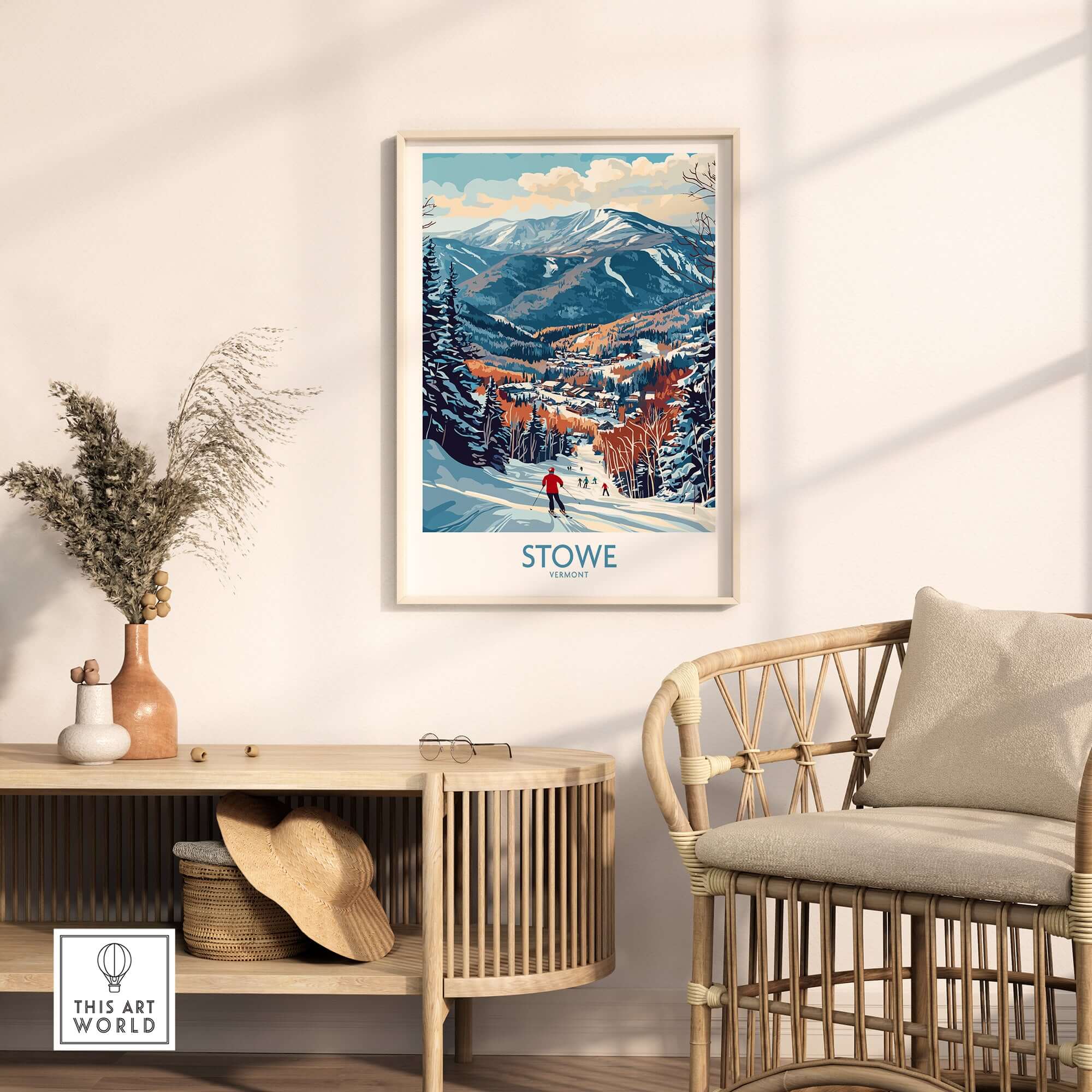 Vermont ski run art print featuring a skier on Stowe slope, perfect winter sport wall decor for mountain lovers.