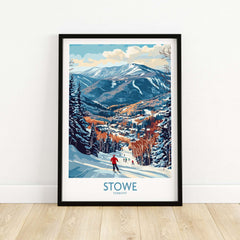 Stowe slope scene print showcasing skiers against a stunning mountain landscape, perfect winter sport wall decor.