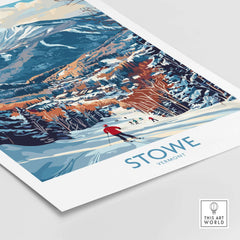 Stowe slope scene print showcasing skiers in a winter paradise with mountains and trees, ideal winter sport wall decor.