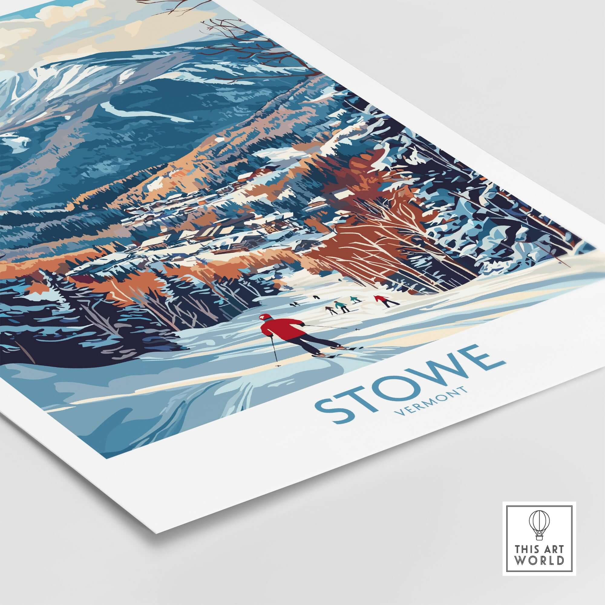 Stowe slope scene print showcasing skiers in a winter paradise with mountains and trees, ideal winter sport wall decor.