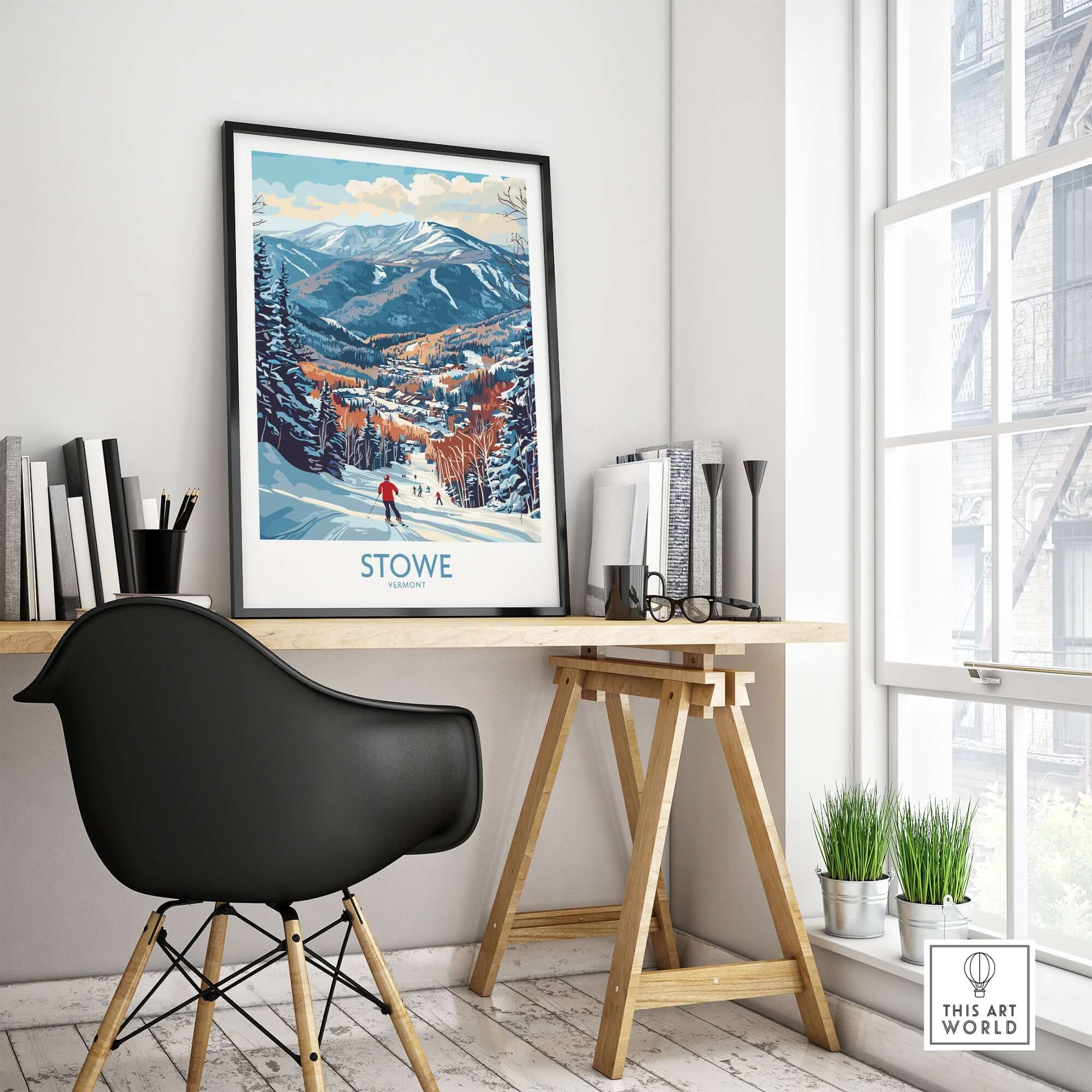 Vermont Stowe slope scene art print on wall, stylish home office decor for winter sports lovers.