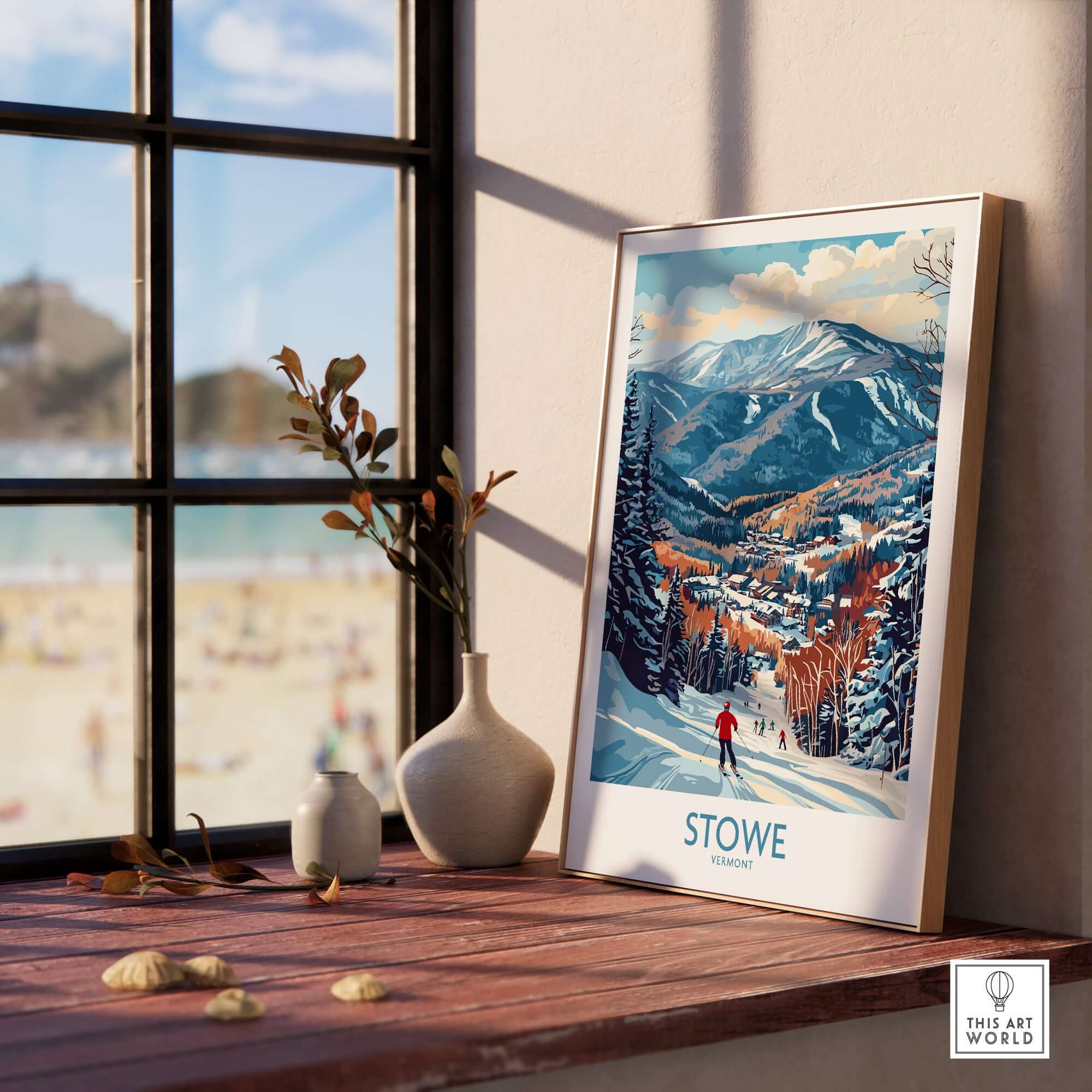 Framed Vermont ski run art print of Stowe slope scene against mountain backdrop, perfect for winter sport decor.