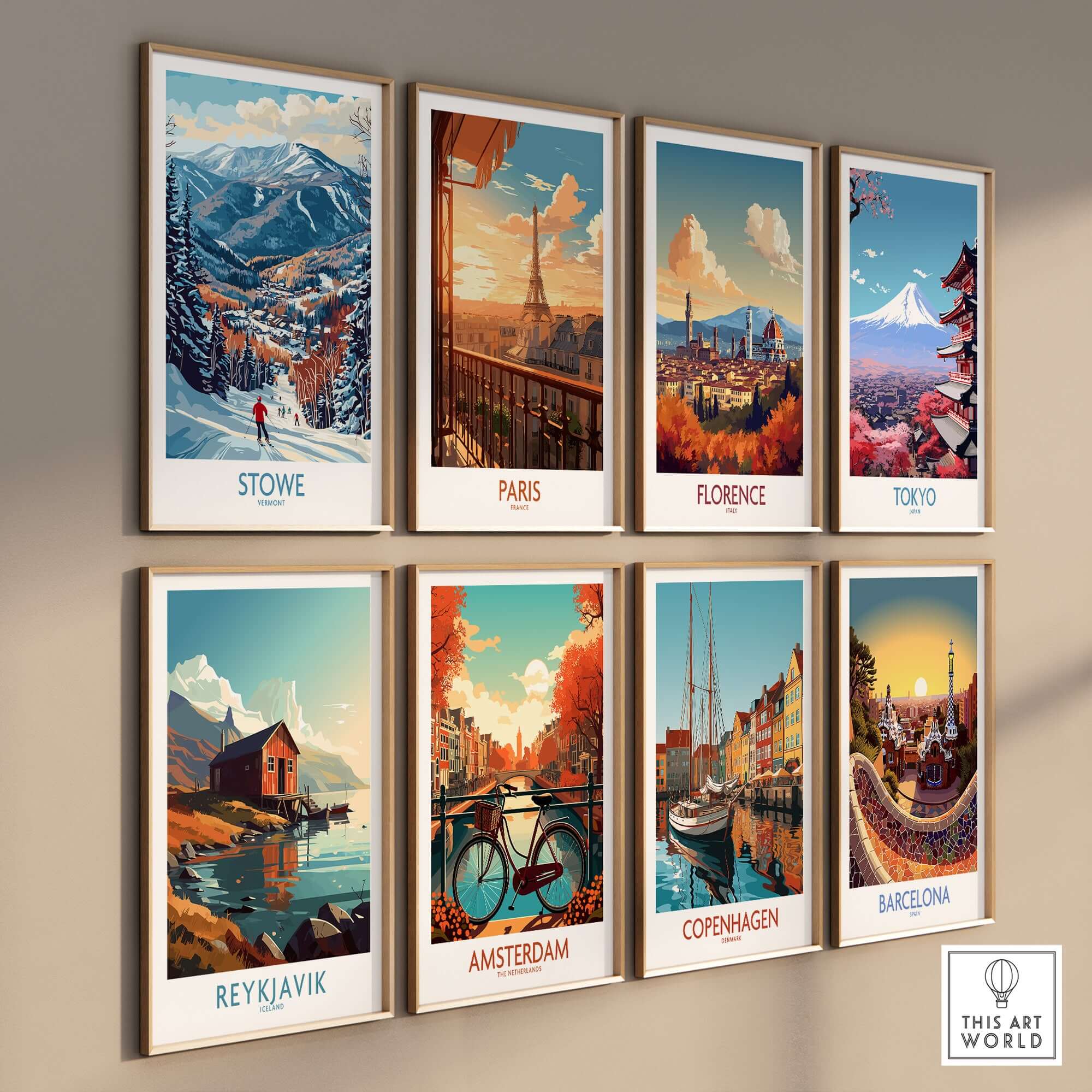 Collection of travel art prints featuring Stowe, Paris, Florence, Tokyo, Reykjavik, Amsterdam, Copenhagen, and Barcelona.