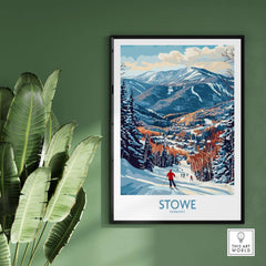 Stowe slope scene art print showcasing winter skiing in Vermont, perfect for winter sport wall decor.