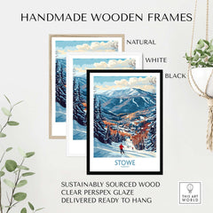 Handmade wooden frames in natural, white, and black with Vermont ski run art print, sustainably sourced and ready to hang.