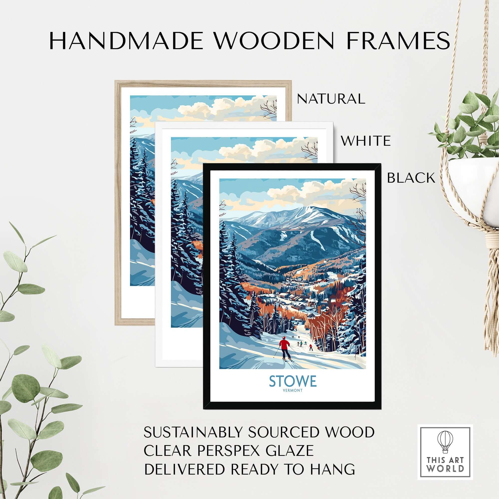 Handmade wooden frames in natural, white, and black with Vermont ski run art print, sustainably sourced and ready to hang.