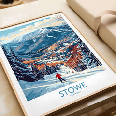 Stowe Slope Scene Print showcasing skiing in Vermont's mountainous landscape, perfect winter sport wall decor.