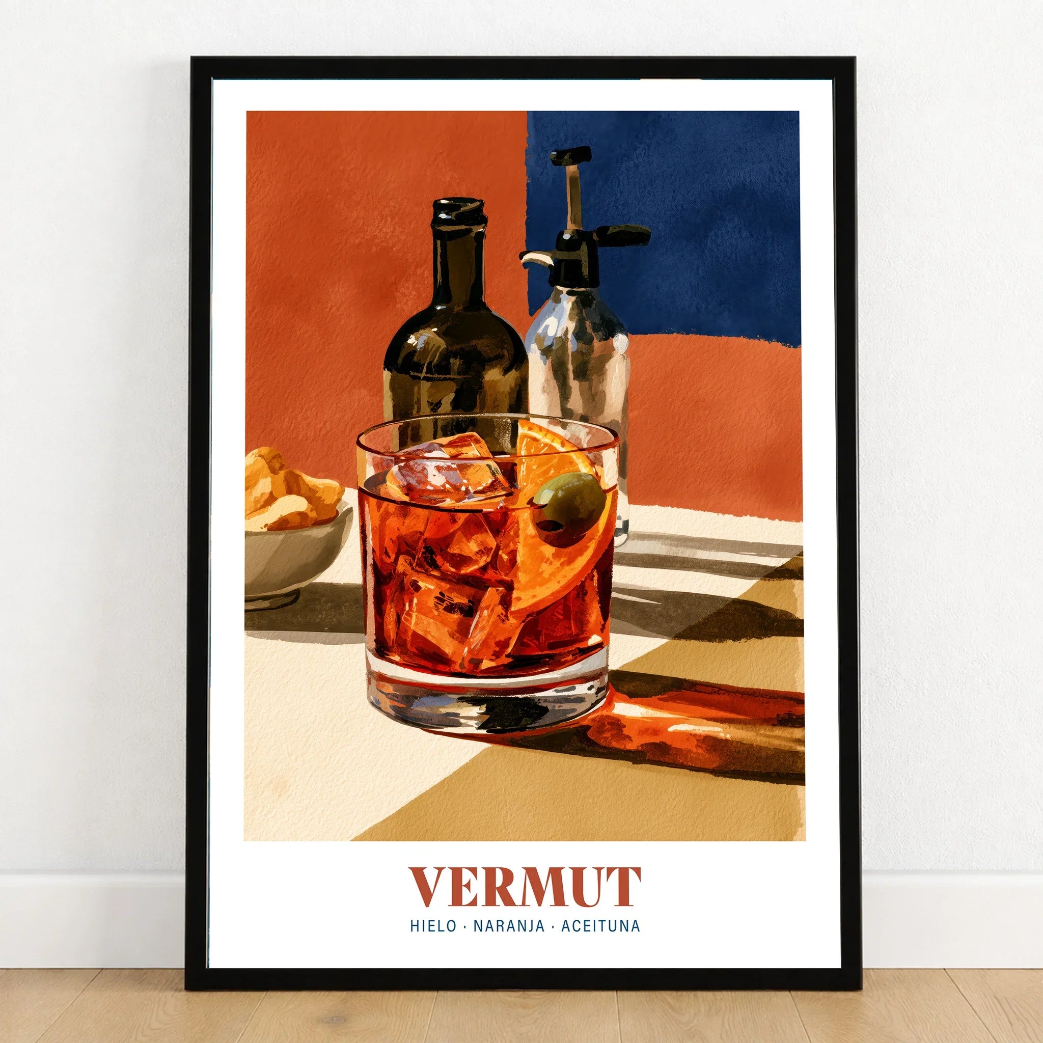 Spanish Vermouth Cocktail Poster - art print in black frame on wooden floor